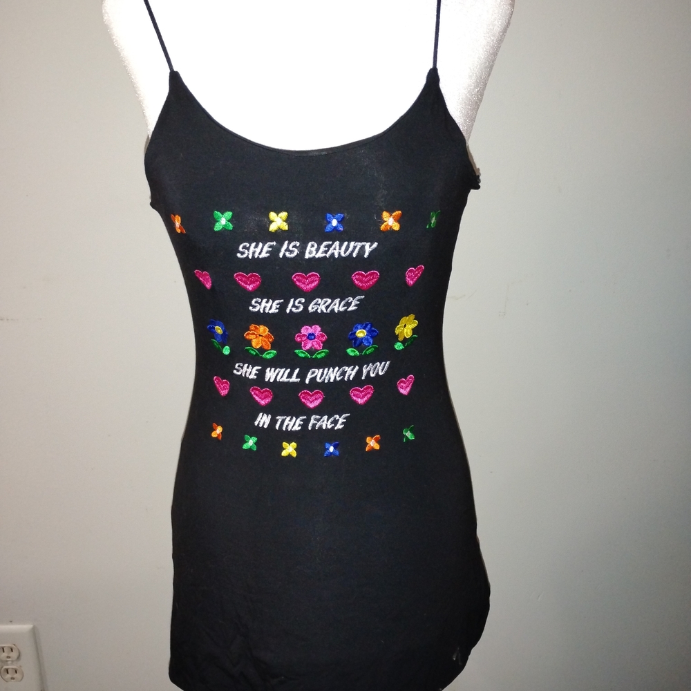 omighty Black Embroidered Cami Mini Dress with Multicolor Motifs